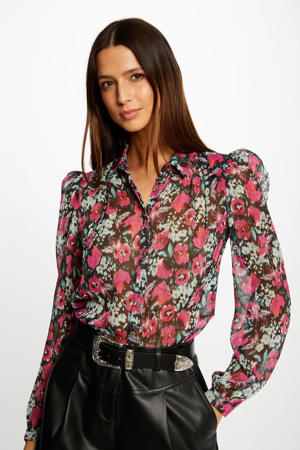 gebloemde semi-transparante blouse roze/groen/zwart