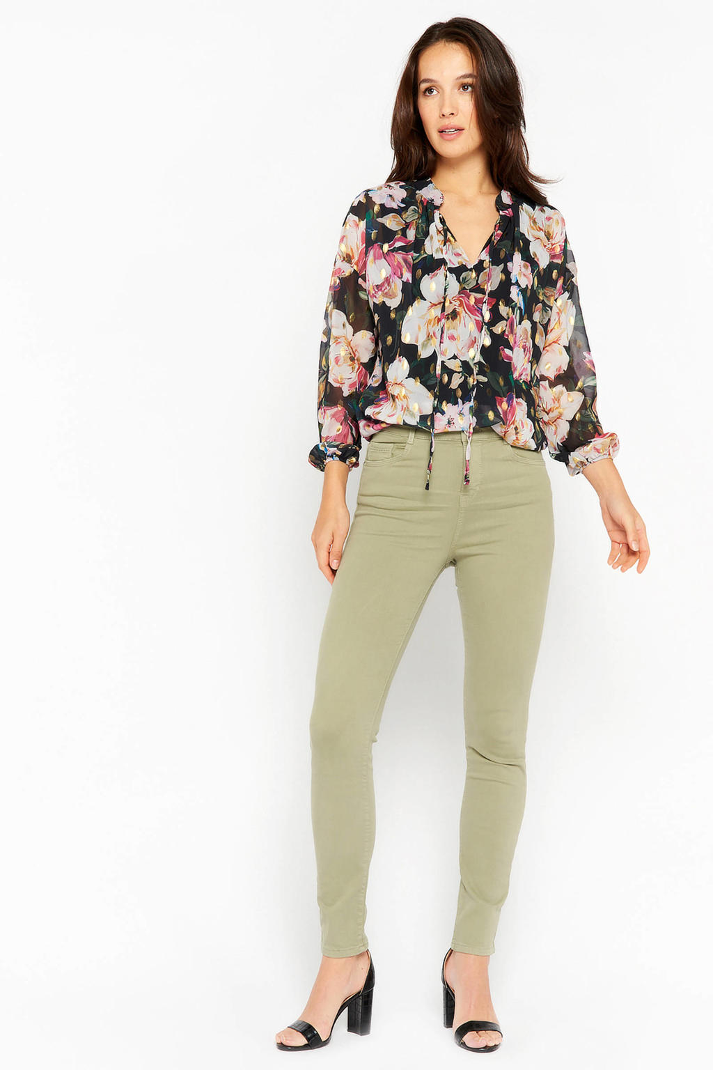 Zwarte dames LOLALIZA gebloemde top van polyester met lange mouwen en V-hals
