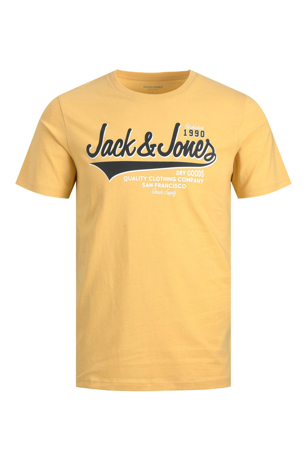 Gele heren JACK & JONES ESSENTIALS T-shirt van biologisch katoen met printopdruk, korte mouwen en ronde hals