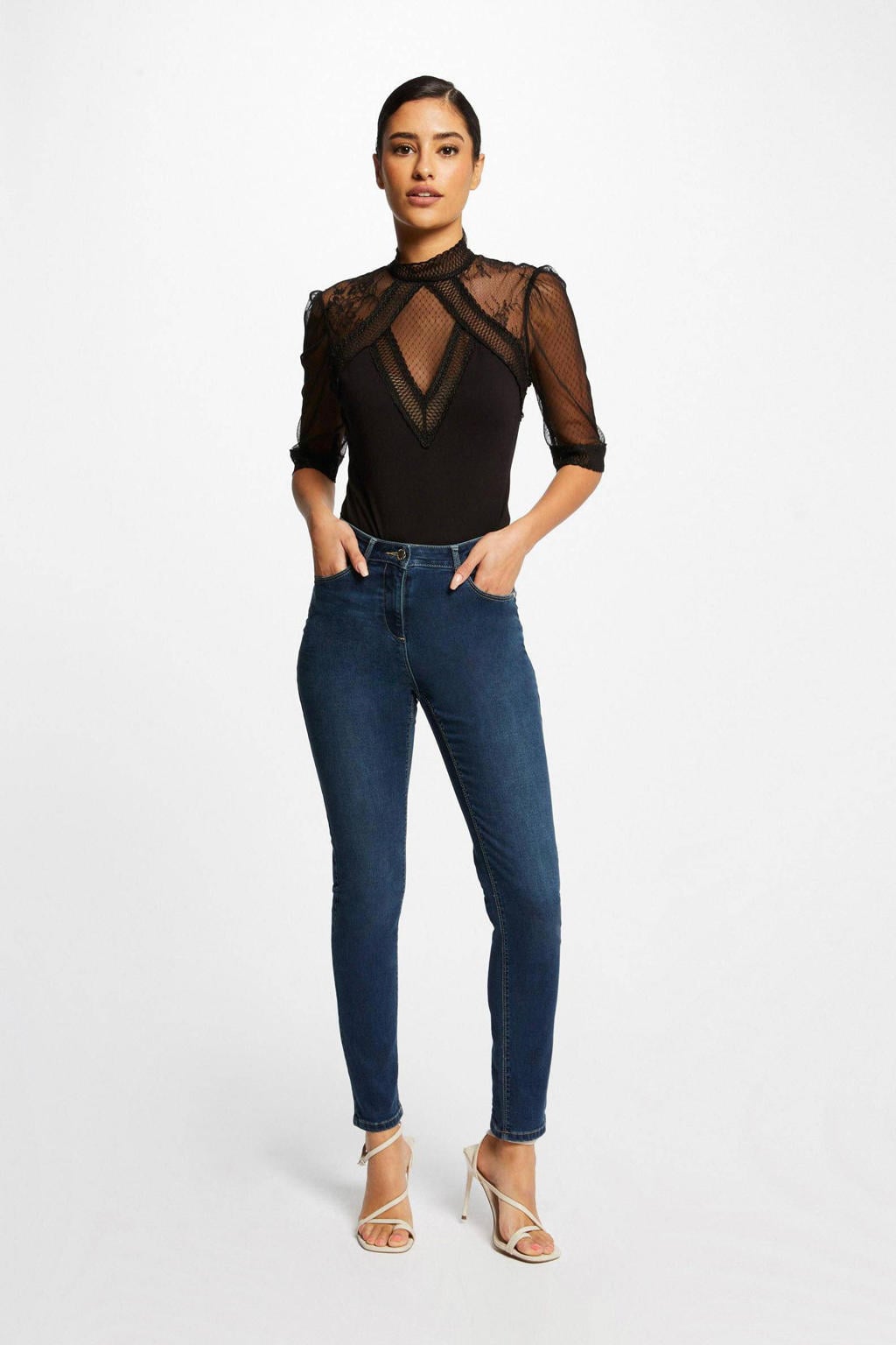 Zwarte dames Morgan semi-transparante top van viscose met effen en half lange mouwen