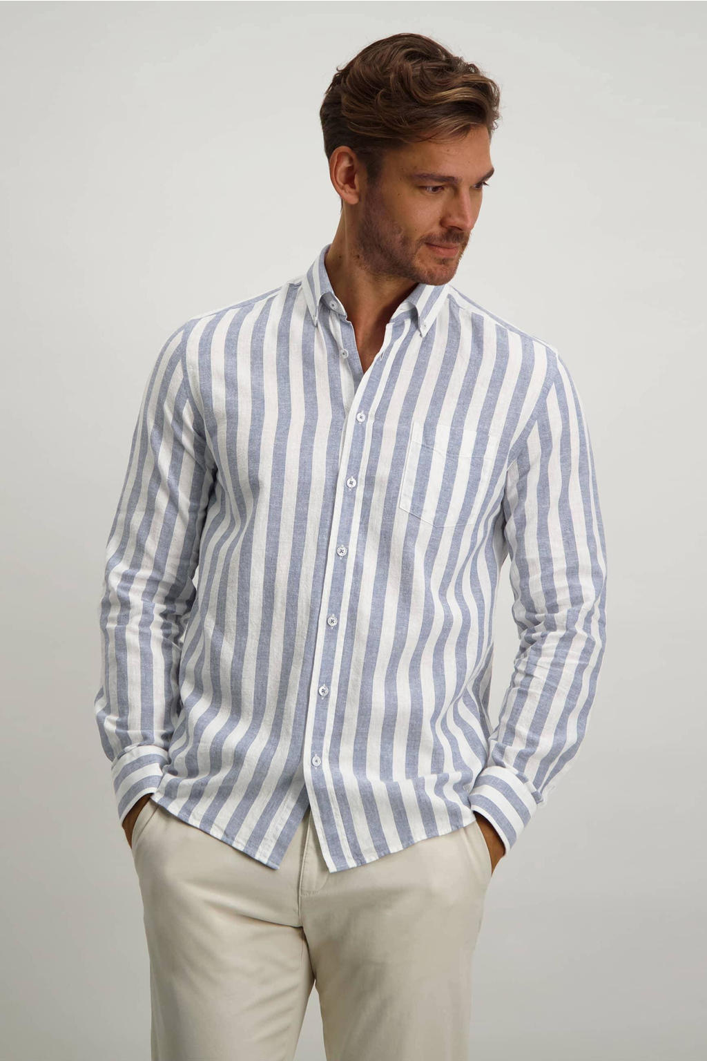 Blauw, grijs en witte heren State of Art gestreept regular fit overhemd van katoen met lange mouwen, klassieke kraag en knoopsluiting