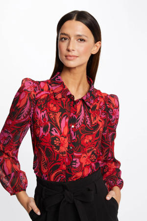 gebloemde semi-transparante blouse zwart/ roze