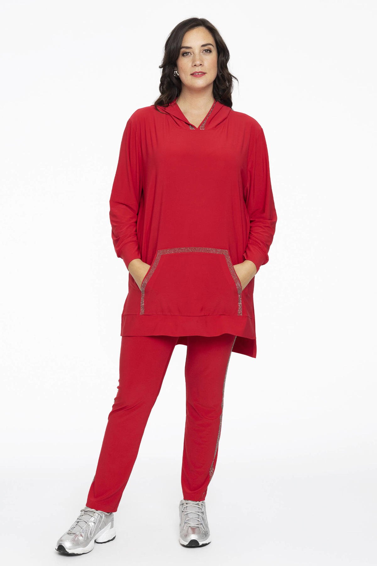 YOEK gestreepte straight fit tregging DOLCE van travelstof rood