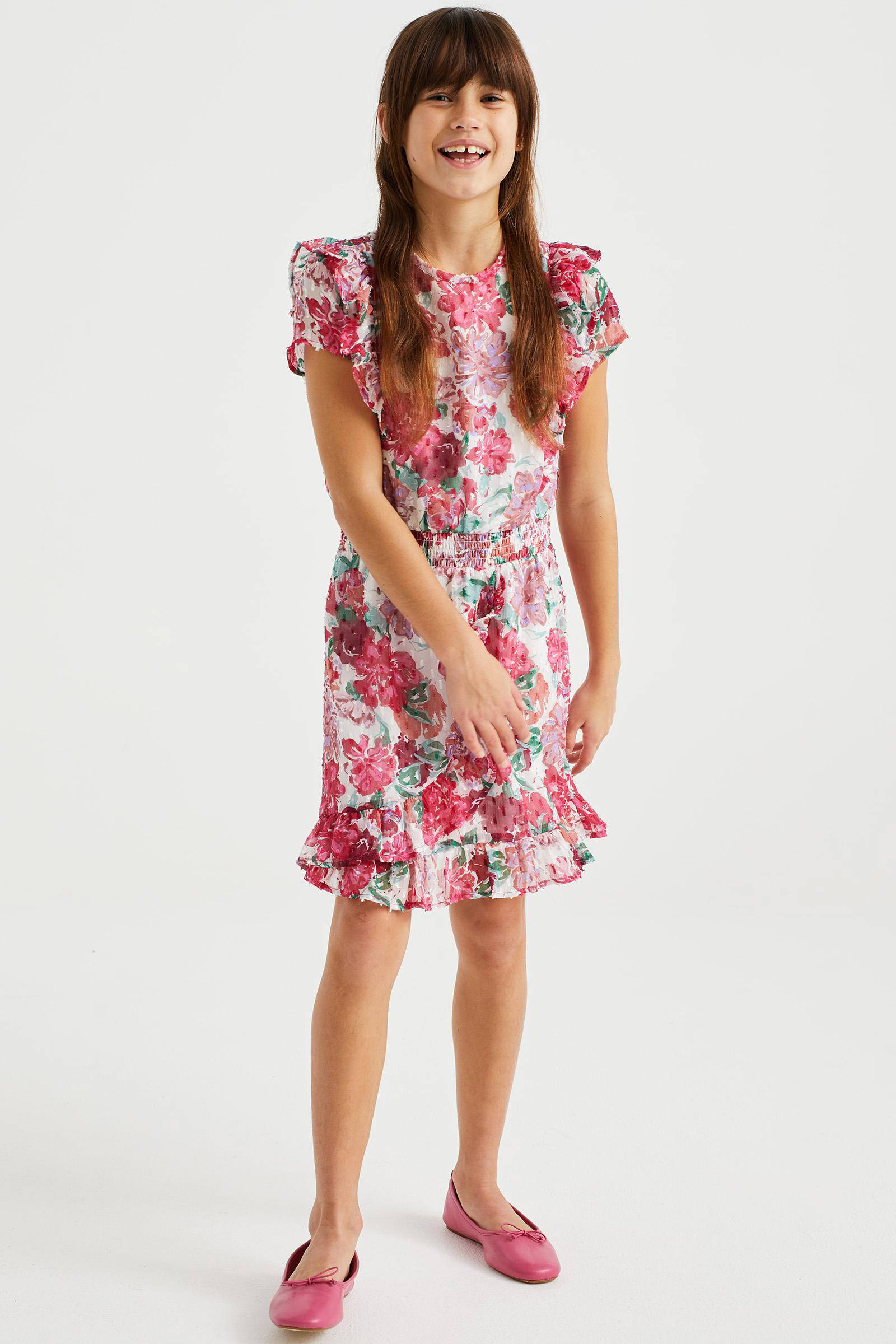 WE Fashion jurk met all over print wit/roze/groen | wehkamp