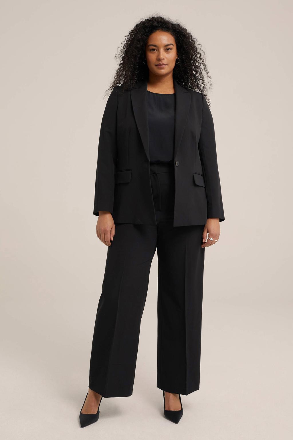 Zwarte dames WE Fashion Curve aansluitende blazer van polyester met effen, lange mouwen en knoopsluiting