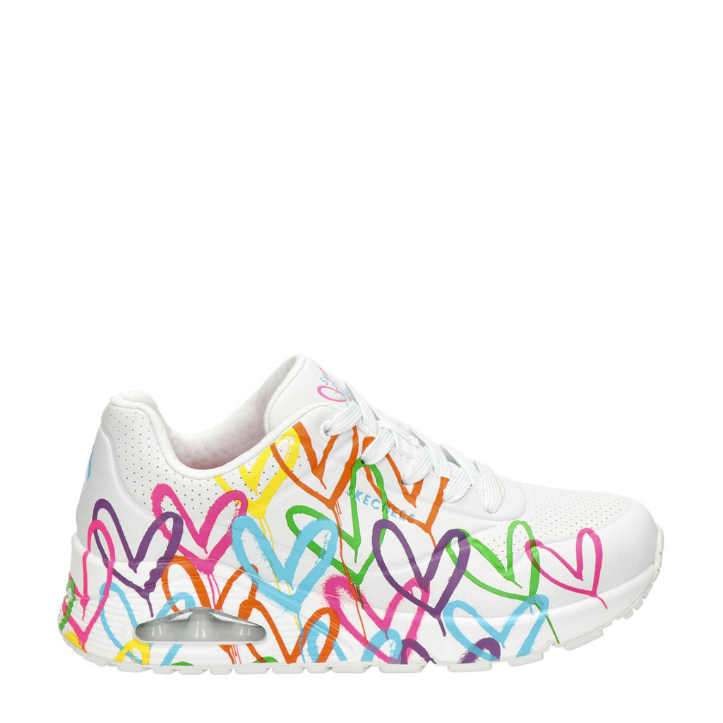 Wit en multikleurige dames Skechers Uno Love sneakers van imitatieleer met veters