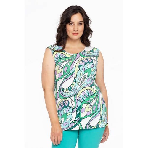 YOEK top DOLCE van travelstof met all over print wit/turquoise afbeelding