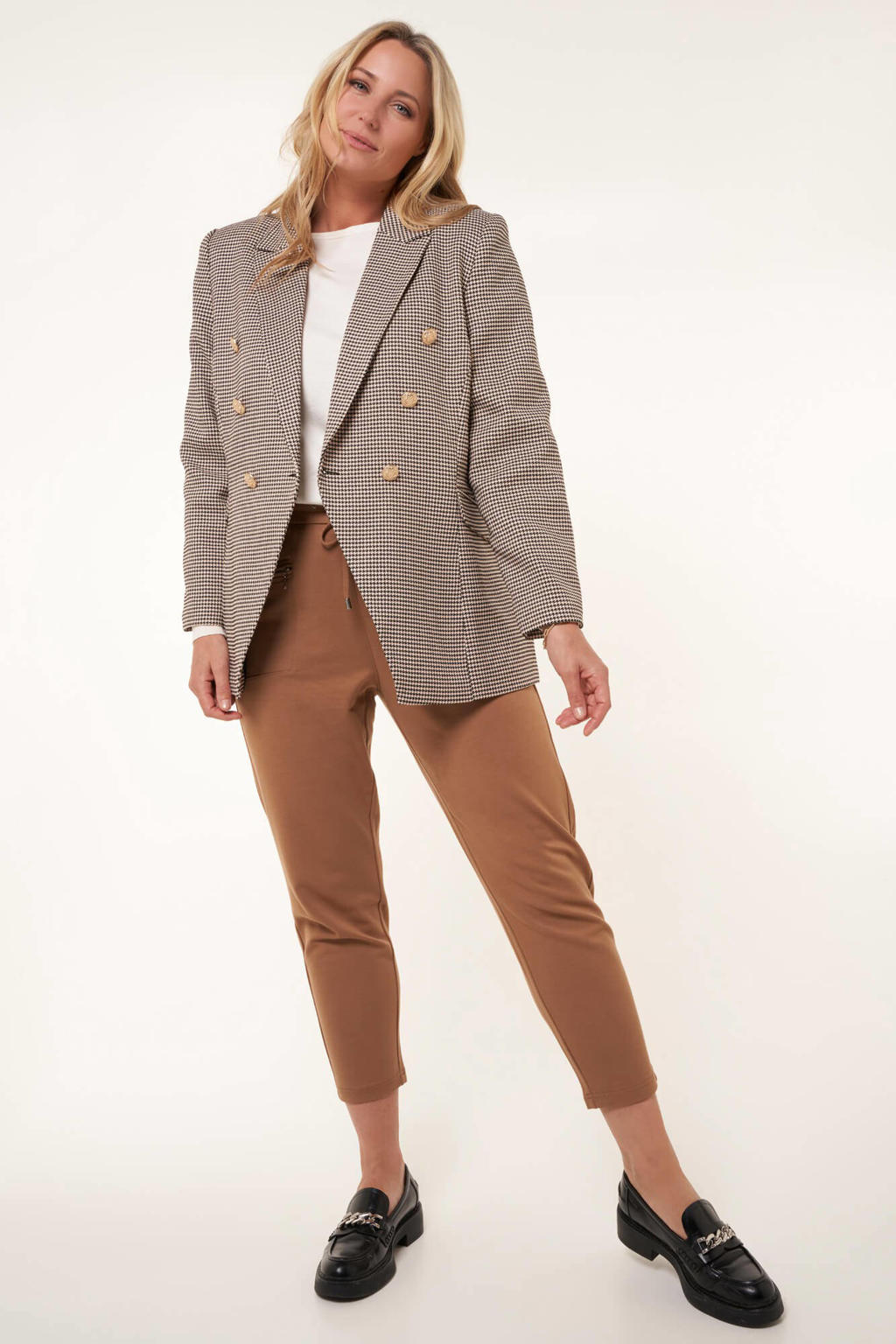 Bruin en ecru dames MS Mode geruite blazer van polyester met lange mouwen, klassieke kraag en knoopsluiting