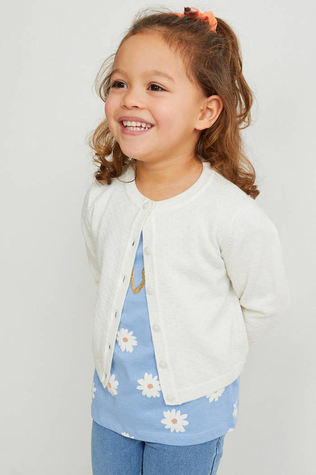 Ecru meisjes C&A vest + T-shirt + scrunchie van katoen met lange mouwen, ronde hals en knoopsluiting