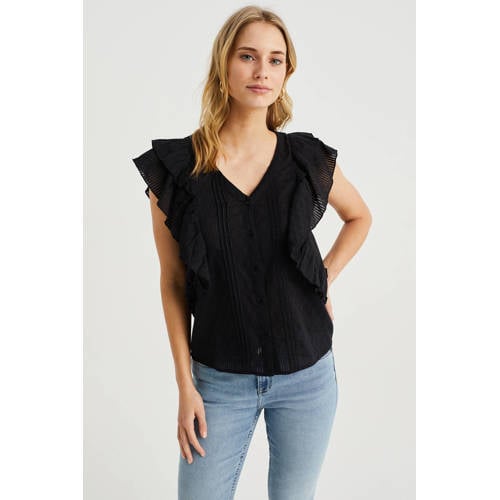 WE Fashion top met ruches zwart