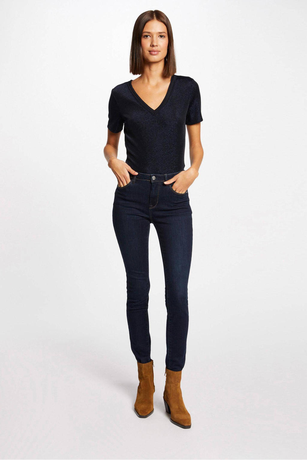 Marineblauw dames Morgan top blauw van polyamide met effen, korte mouwen, V-hals en glitters