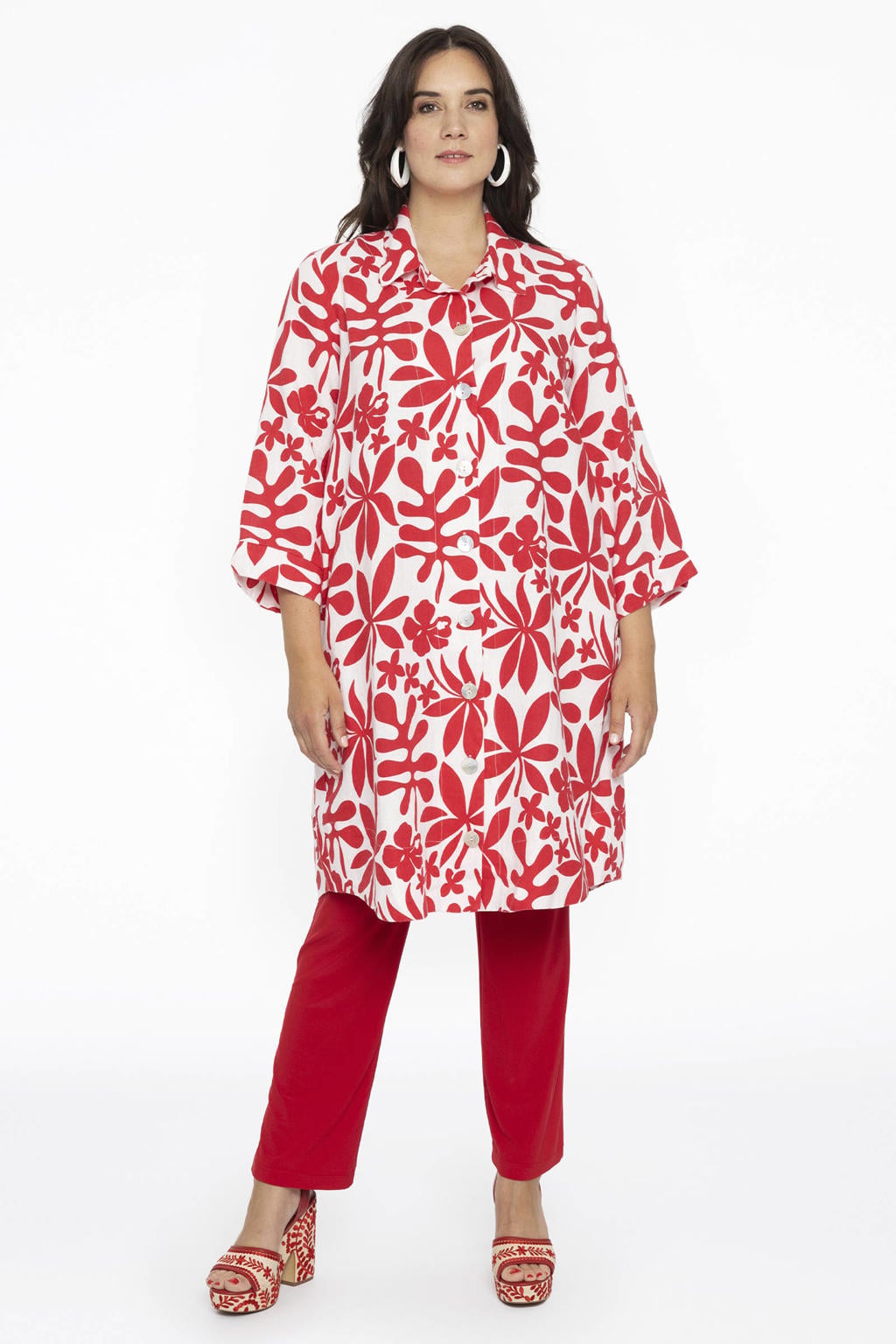 YOEK gebloemde linnen blouse rood/wit