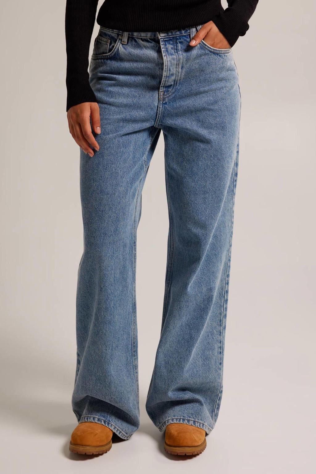 Blauwe dames America Today high waist wide leg jeans Olivia van denim met knoopsluiting en effen