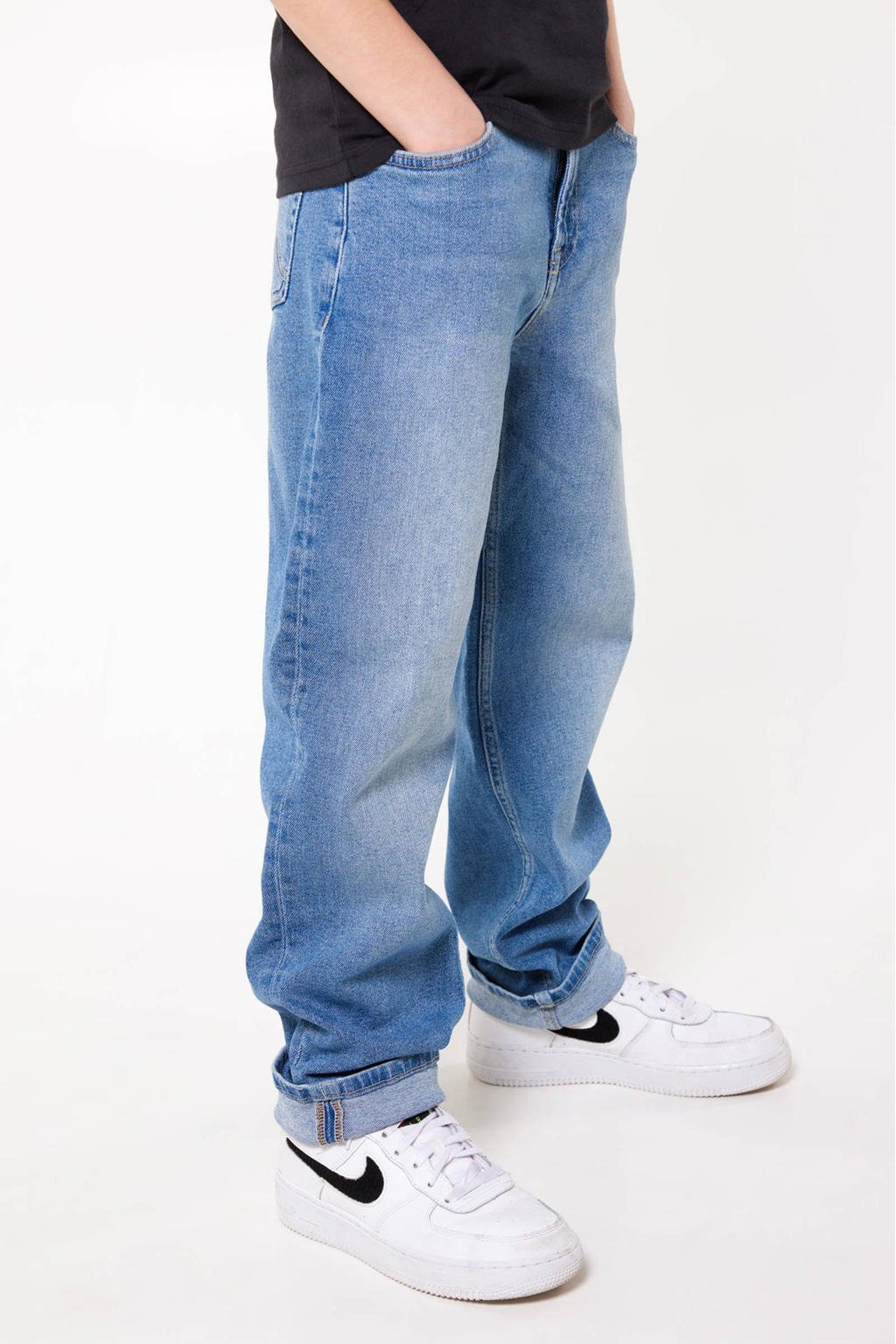 Medium blue denim jongens America Today loose fit jeans Dallas Jr van denim met regular waist en rits- en knoopsluiting