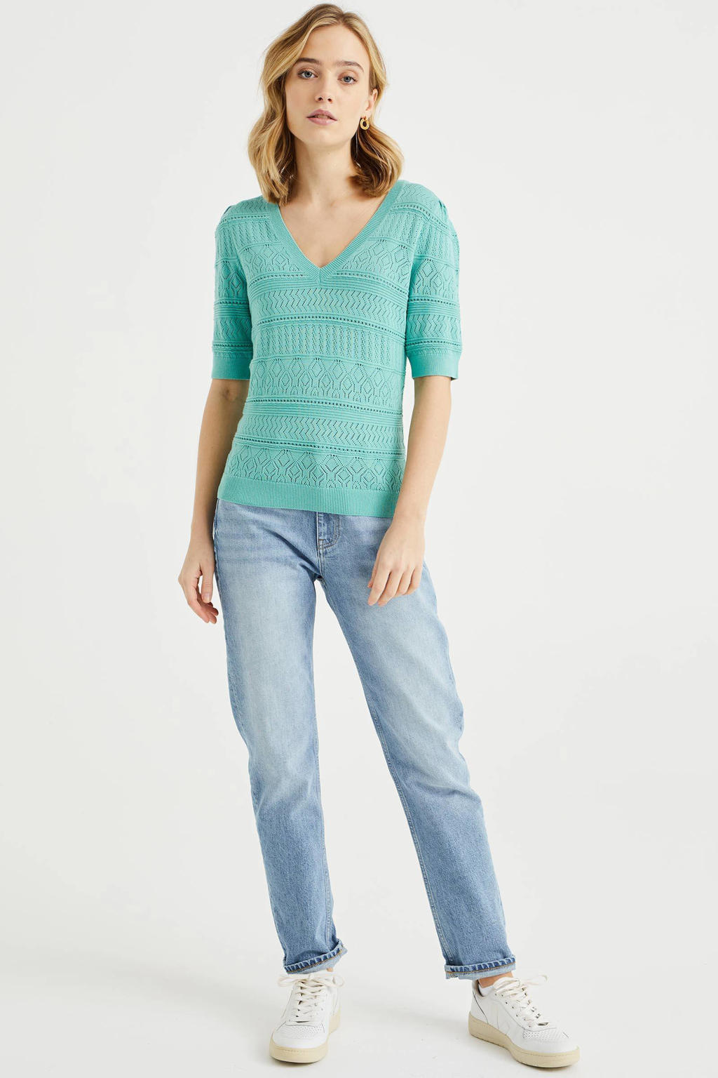 Turquoise dames WE Fashion fijngebreide top van katoen met half lange mouwen, V-hals en ajour details