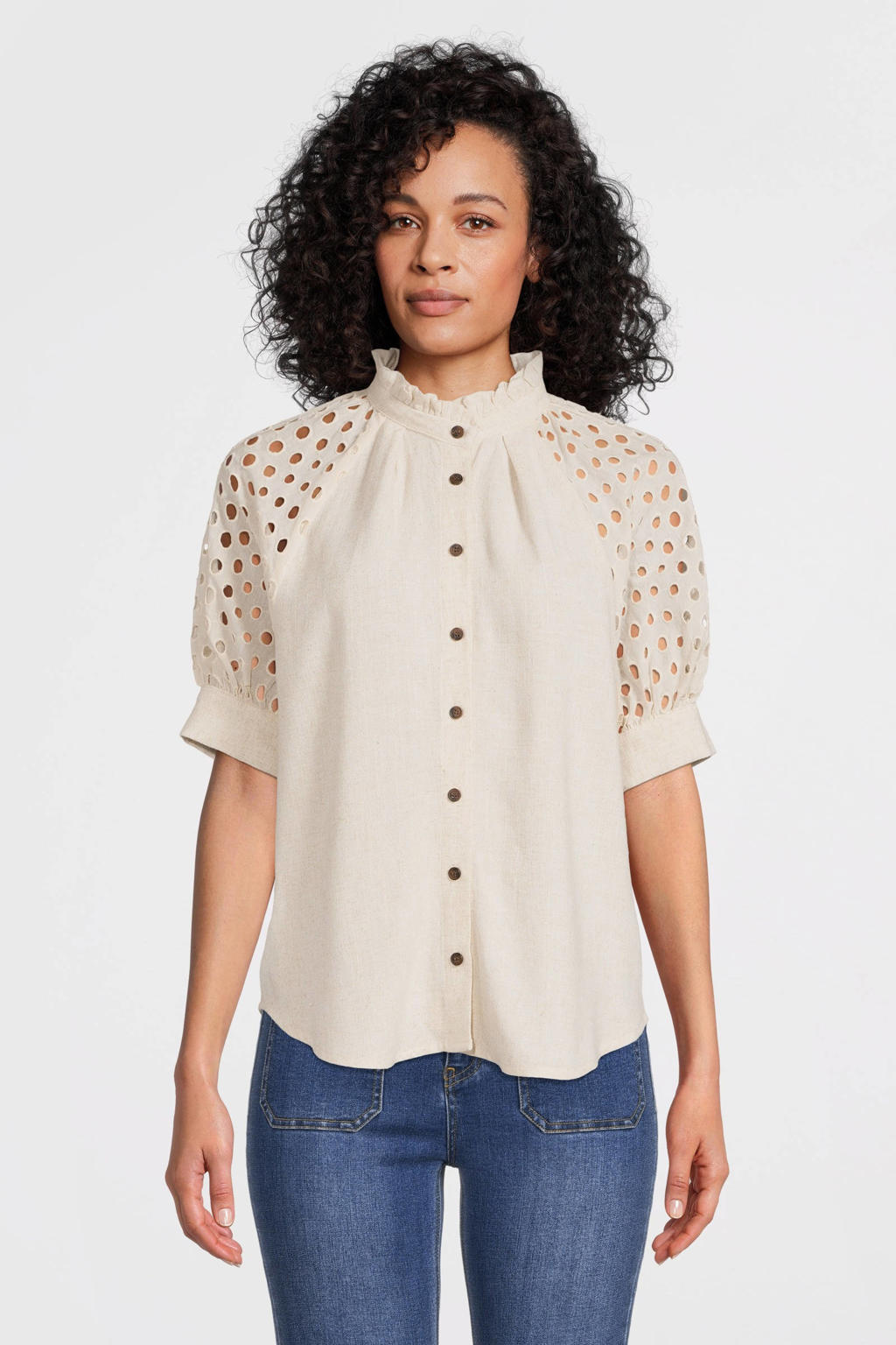 Freequent Blouse Fqlara Met Ruches Met Broderie Ecru Wehkamp