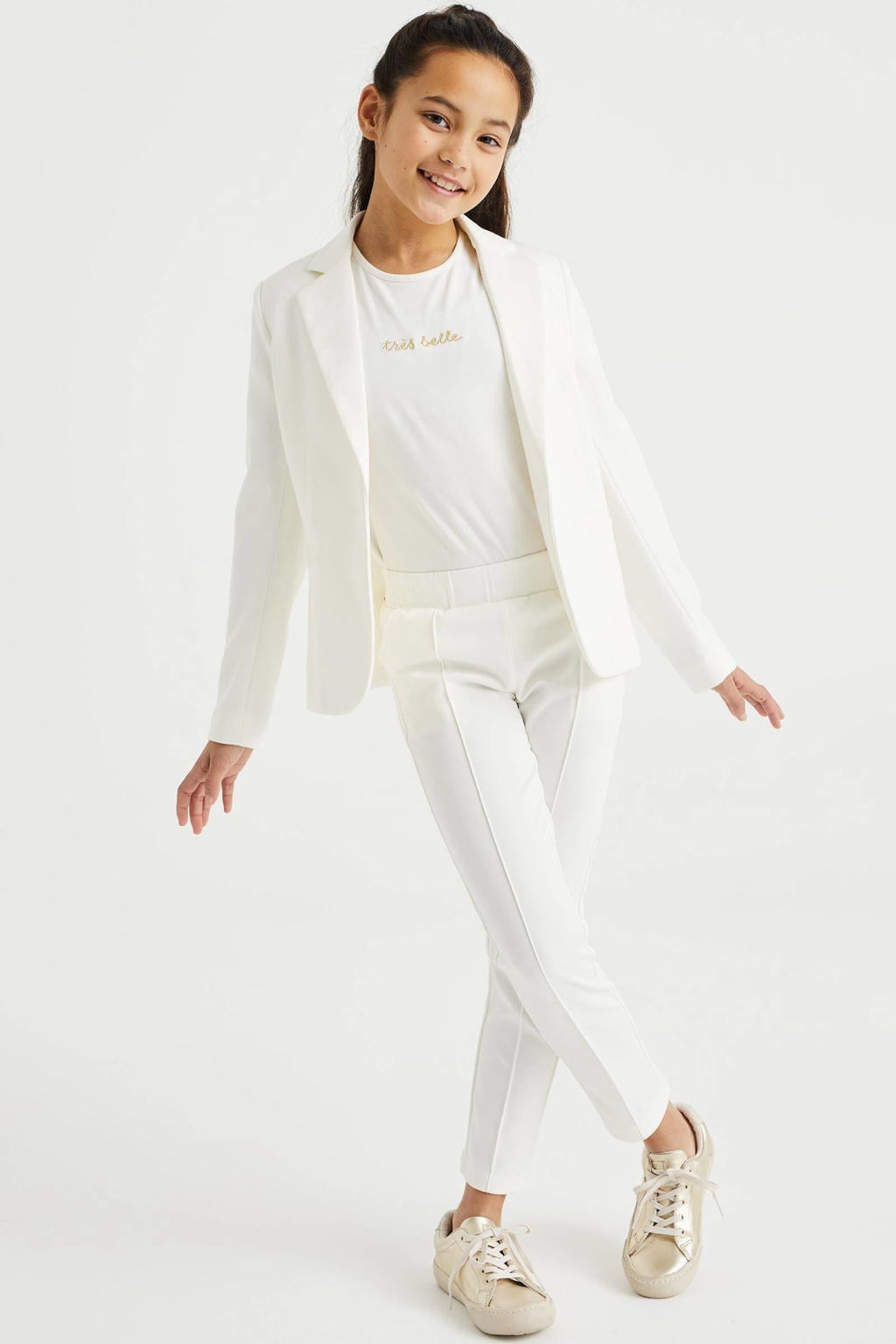 Witte meisjes WE Fashion blazer van polyester met lange mouwen, smokingkraag en knoopsluiting