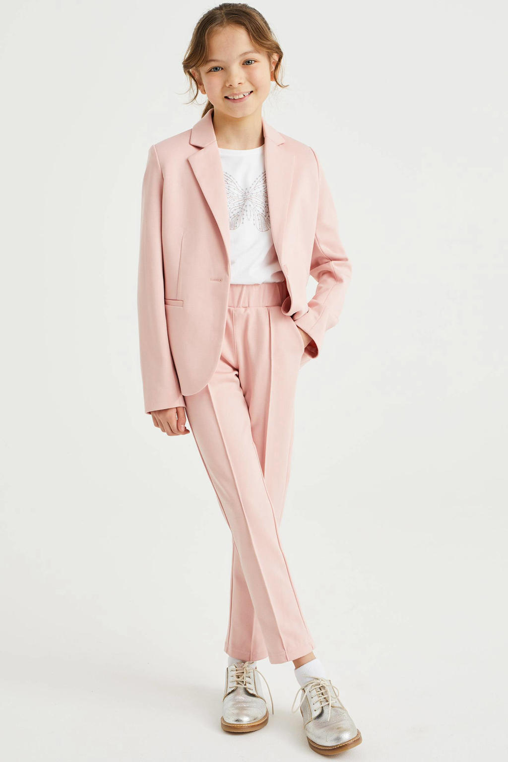 Lichtroze meisjes WE Fashion blazer van polyester met lange mouwen, smokingkraag en knoopsluiting