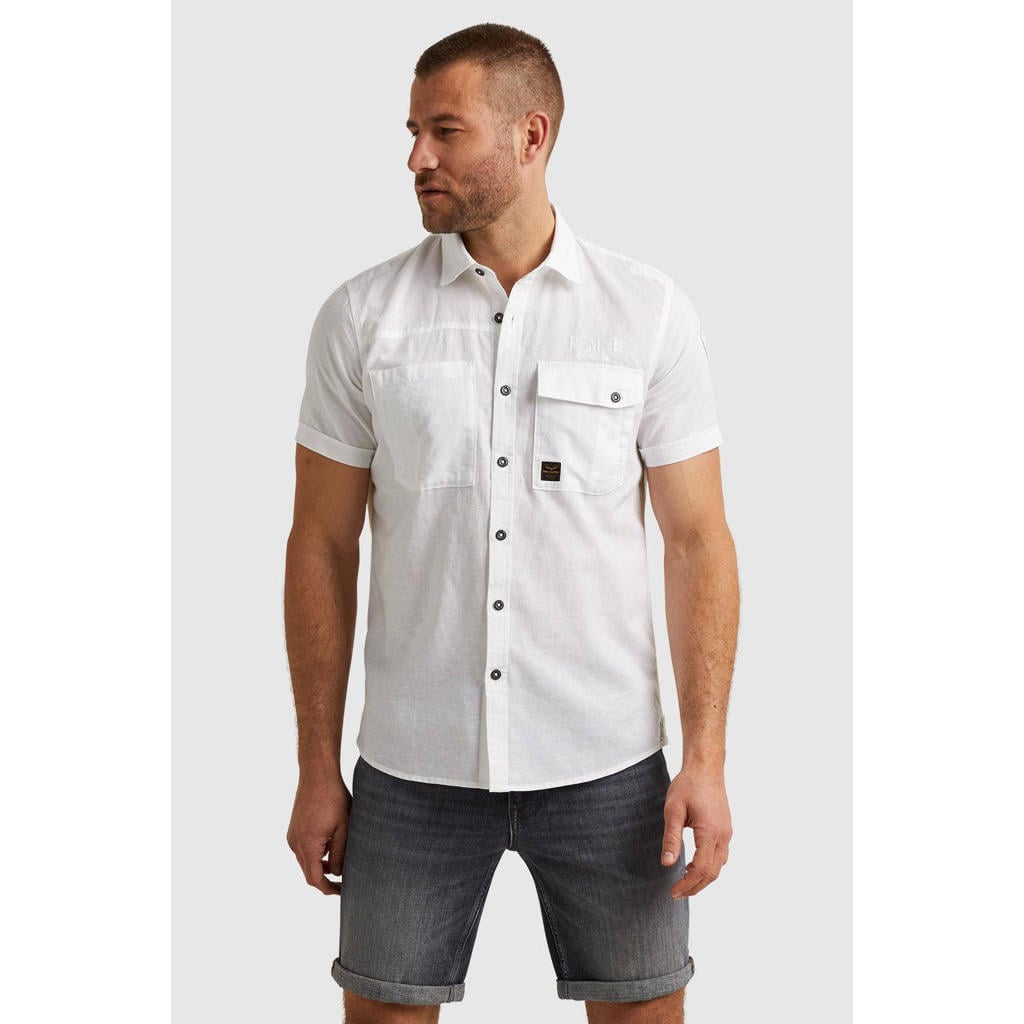 Witte heren PME Legend regular fit overhemd van linnen met korte mouwen, klassieke kraag en knoopsluiting