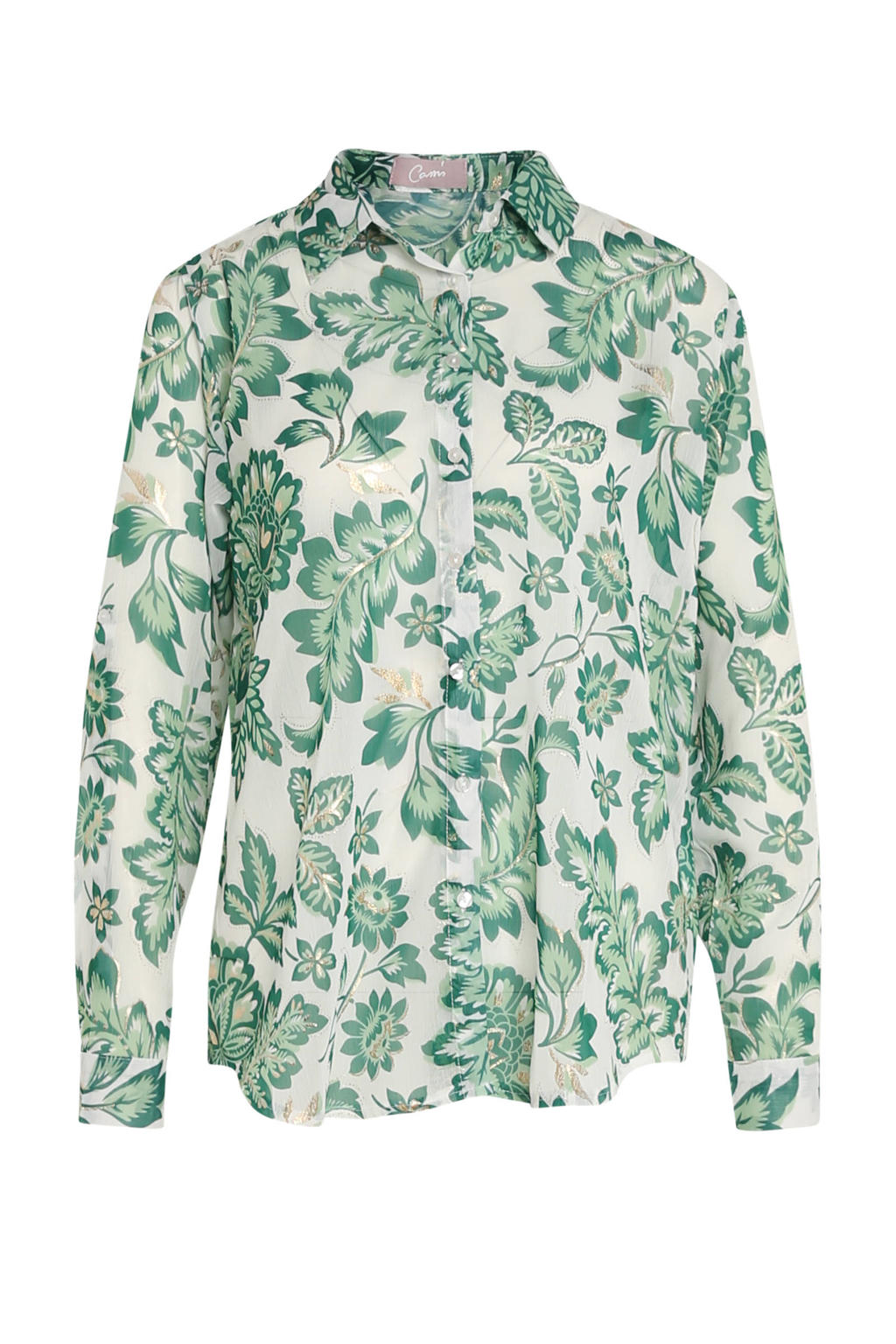 Groene dames Cassis blouse , van polyester met all over print, lange mouwen, klassieke kraag en knoopsluiting