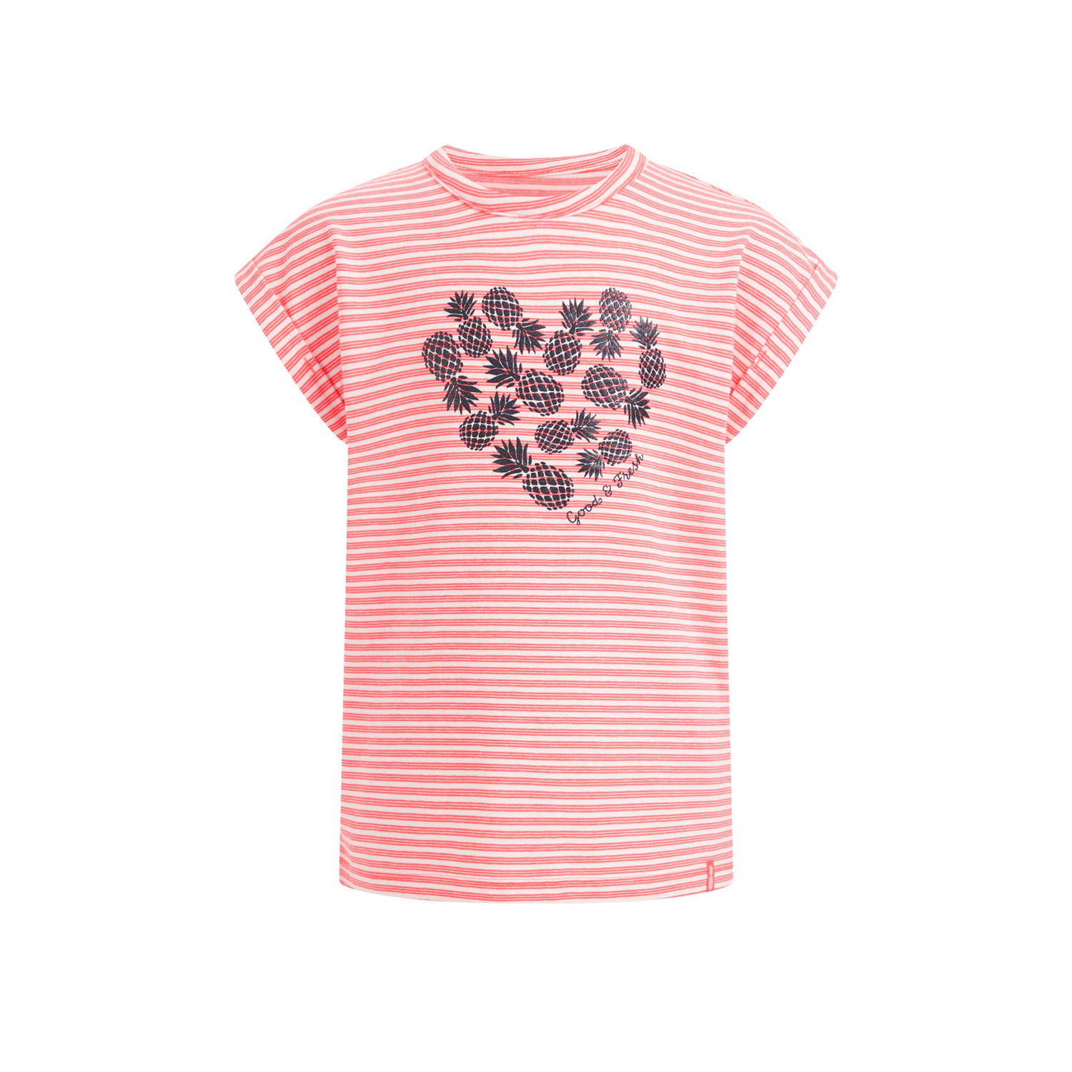 WE Fashion gestreept T-shirt roze Meisjes Katoen Ronde hals Streep 110 116