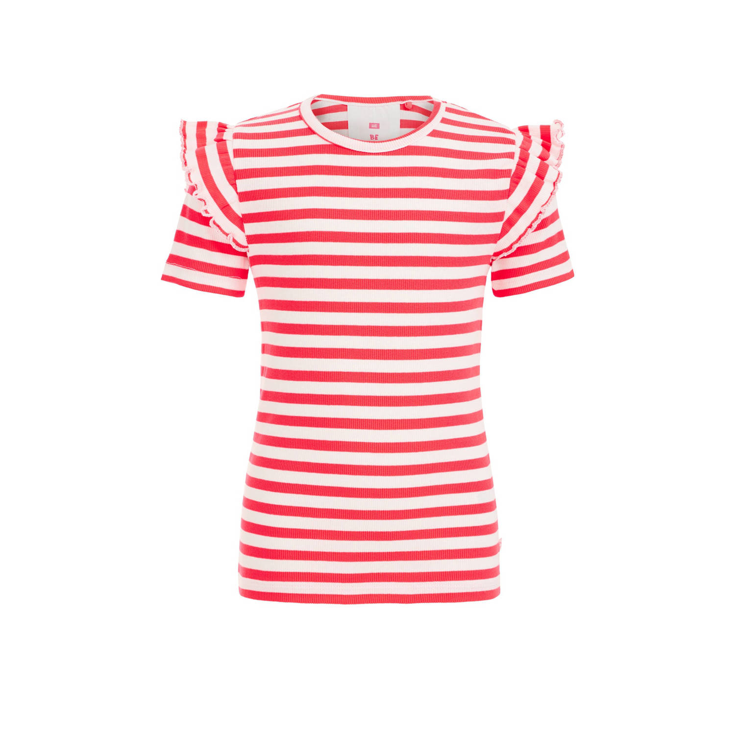 WE Fashion gestreept T-shirt rood wit Meisjes Polyester Ronde hals Streep 110 116