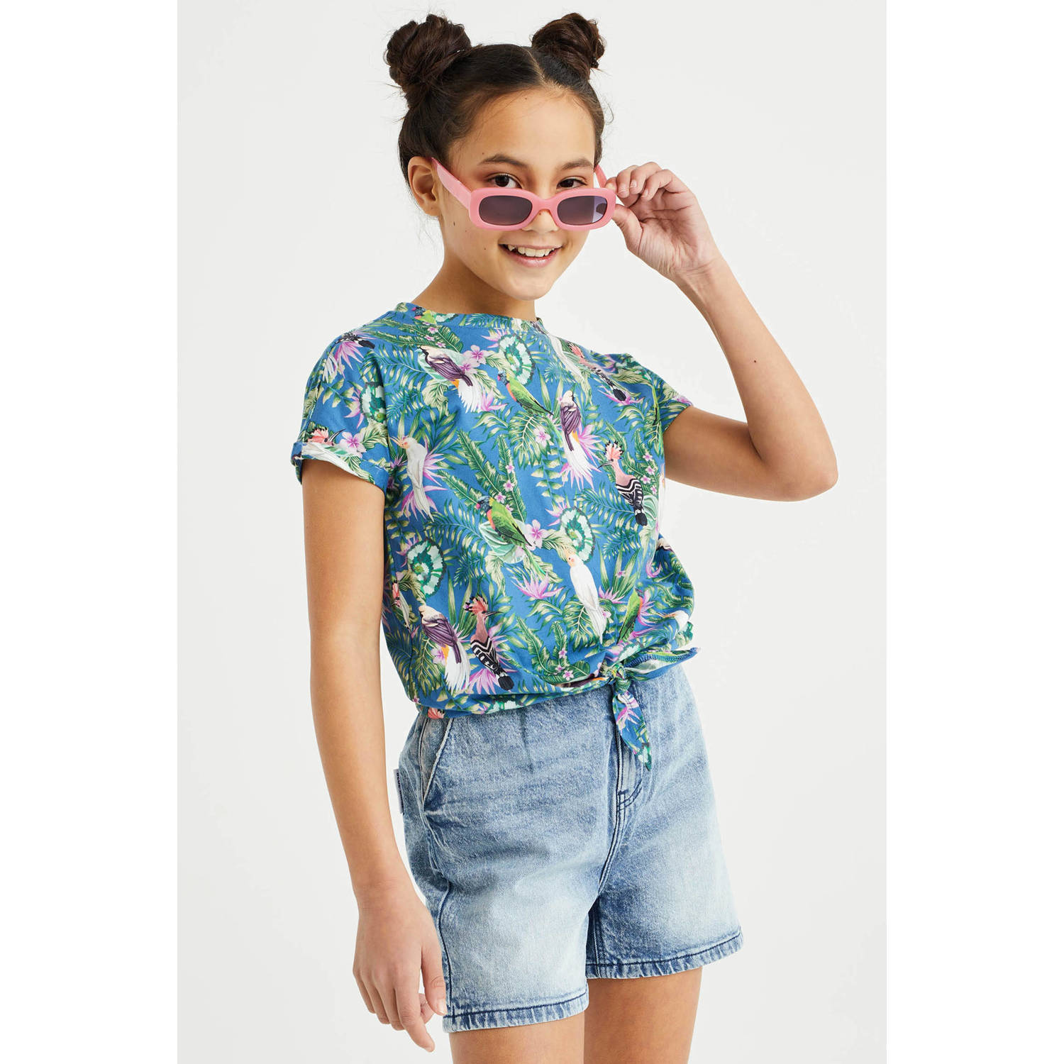 WE Fashion T-shirt met all over print blauw Meisjes Katoen Ronde hals All over print 110 116