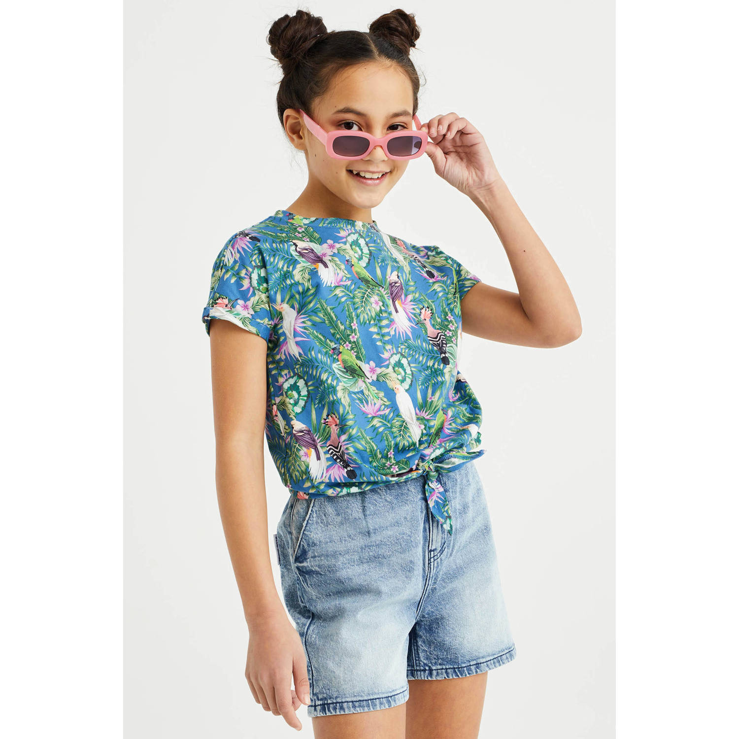 WE Fashion T-shirt met all over print blauw Meisjes Biologisch katoen Ronde hals 110 116