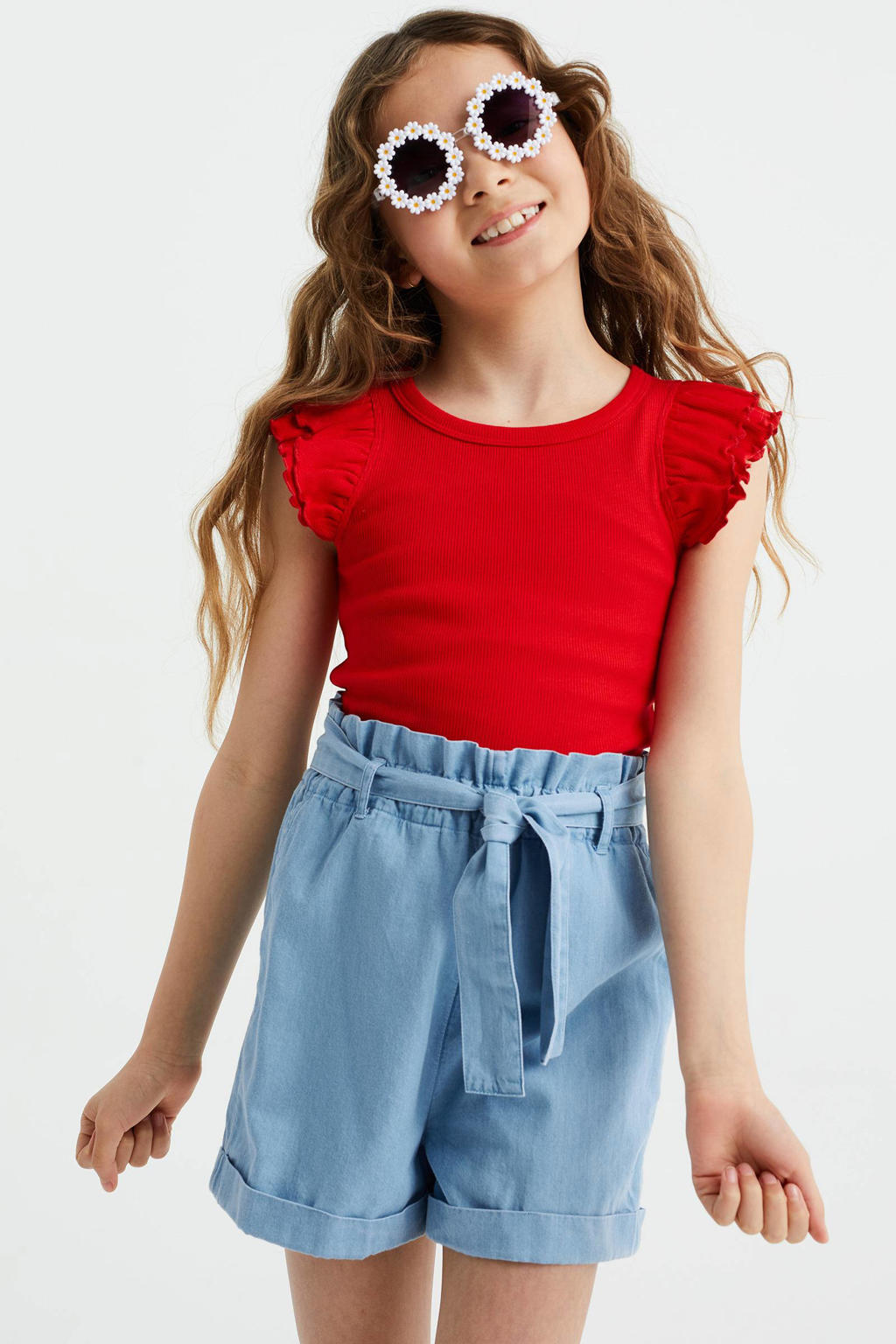 We Fashion Ribgebreid T Shirt Met Ruches Rood Wehkamp