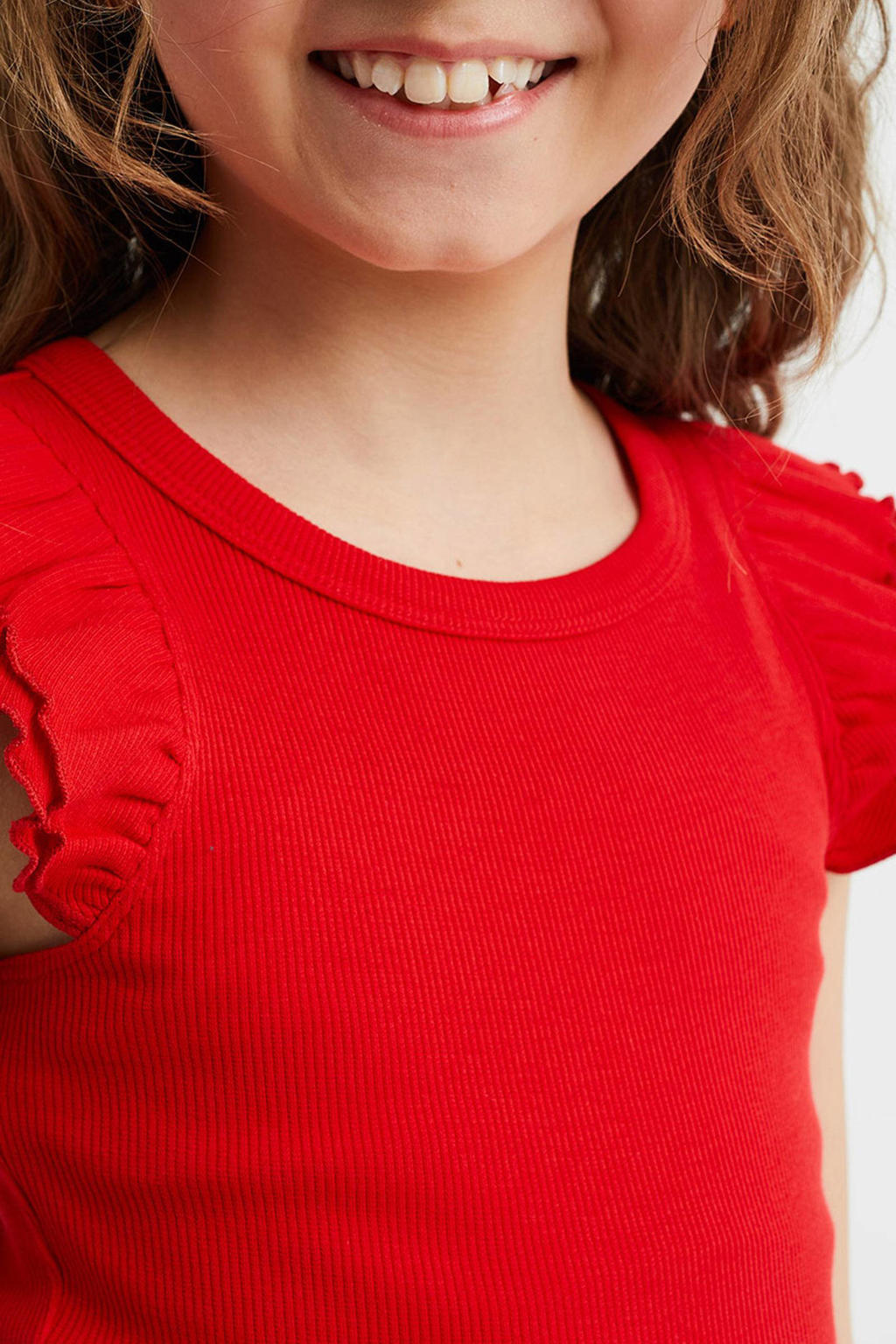 We Fashion Ribgebreid T Shirt Met Ruches Rood Wehkamp