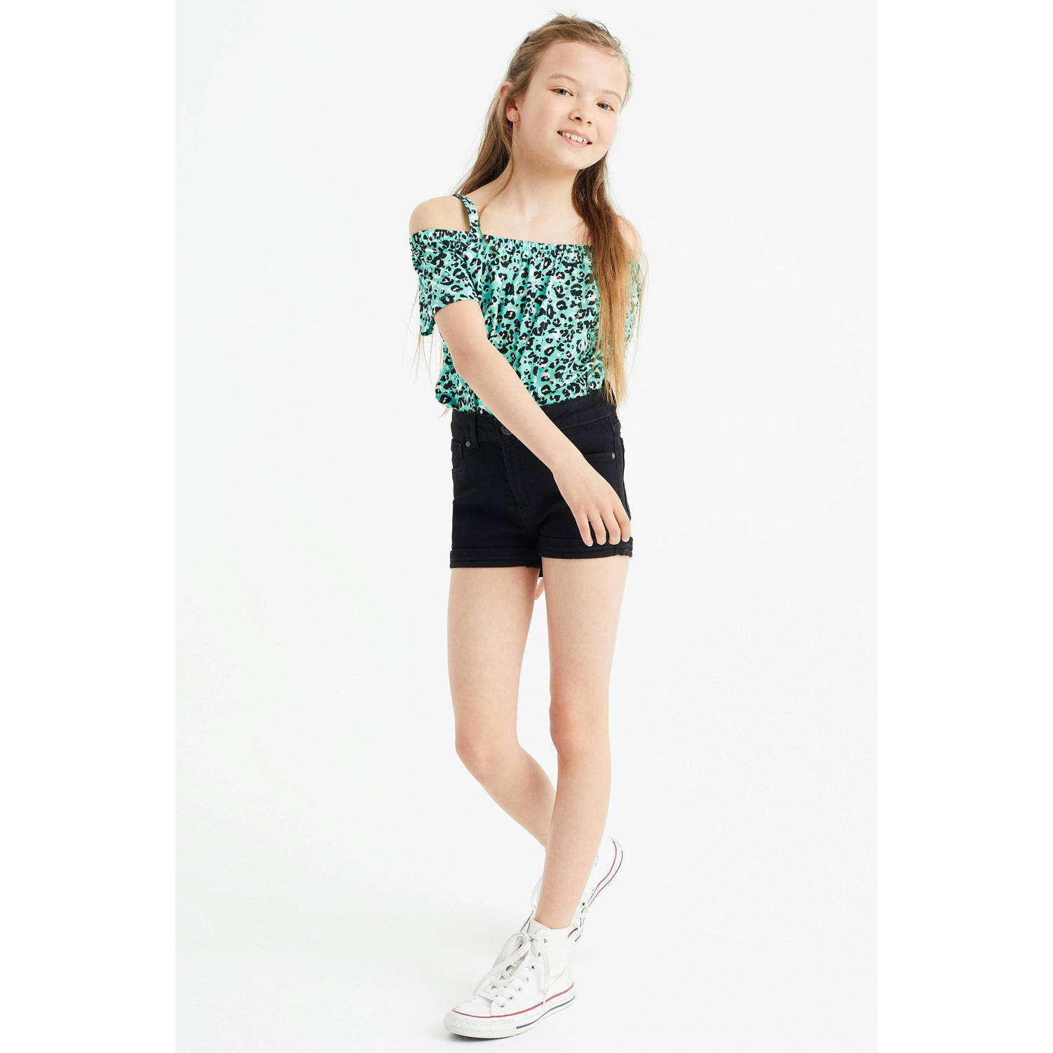 WE Fashion off shoulder top met dierenprint groen zwart