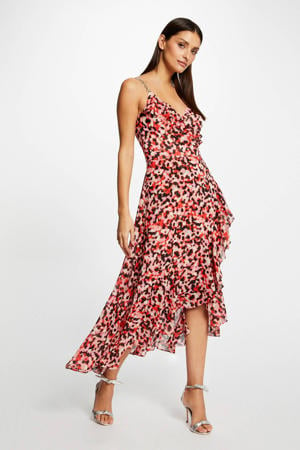 semi-transparante jurk met all over print en ruches roze/ zwart