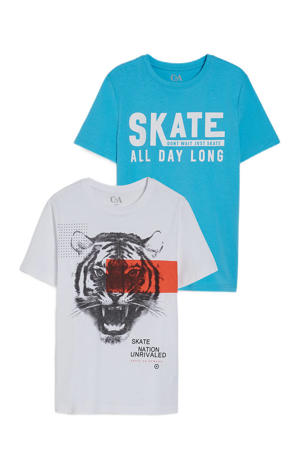 T-shirt - set van 2 turquoise/wit