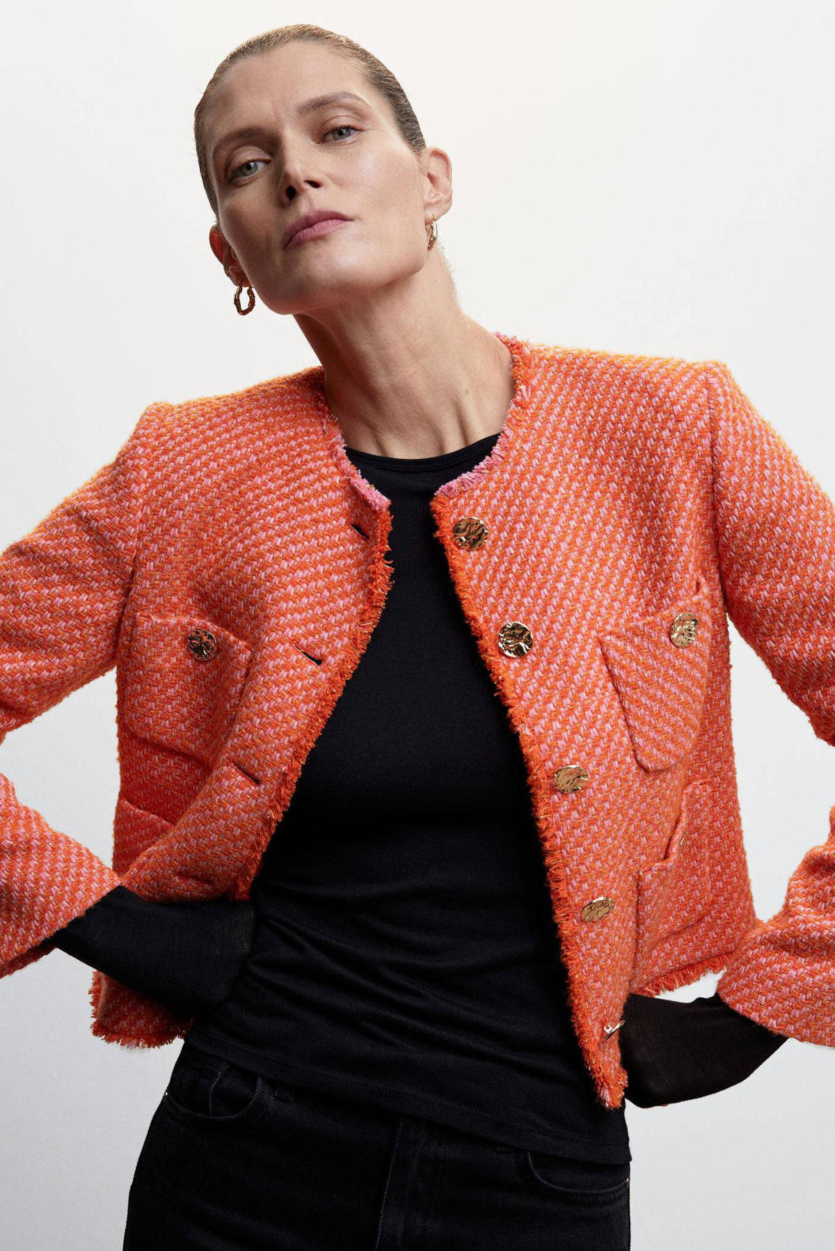 criticus Slepen kolonie Mango tweed jas met all over print oranje/roze | wehkamp
