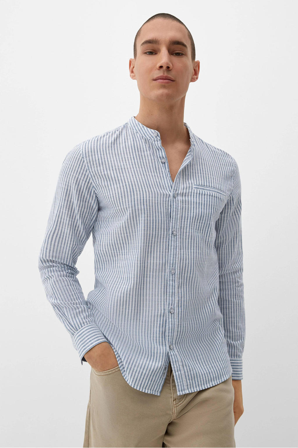 Lichtblauwe heren Q S designed by gestreept slim fit overhemd van katoen met lange mouwen en mao kraag