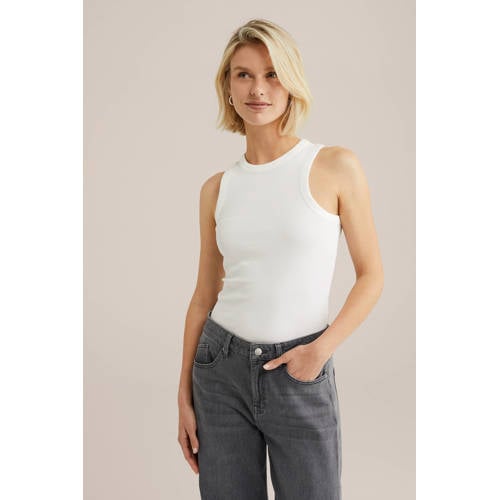 WE Fashion ribgebreide haltertop wit afbeelding
