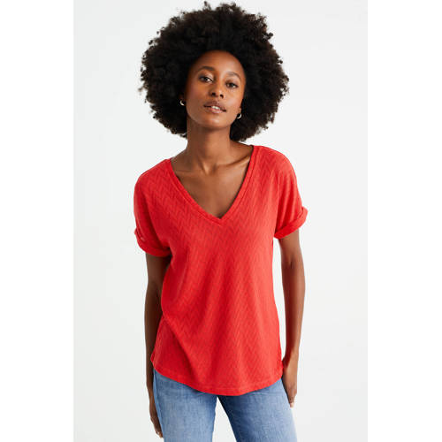 WE Fashion top met visgraat rood