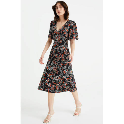 WE Fashion gebloemde halter jurk zwart rood wit