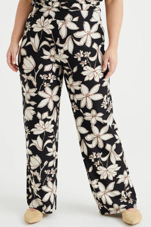 gebloemde wide leg broek zwart/wit