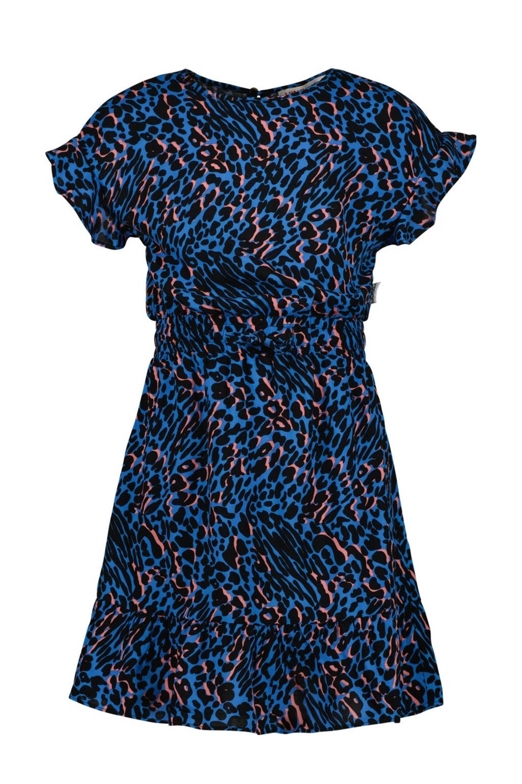 Donkerblauw en zwarte meisjes Vingino jurk van viscose met panterprint, korte mouwen, ronde hals en knoopsluiting
