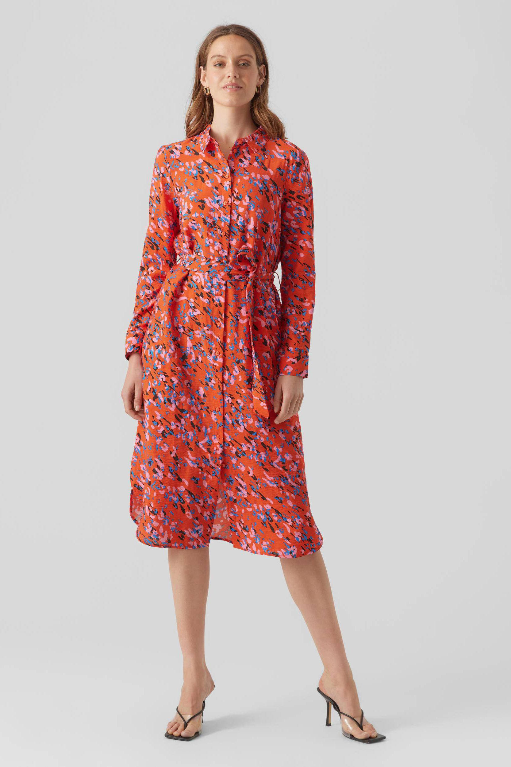 VERO MODA blousejurk VMJOSIE met all over print en ceintuur oranje