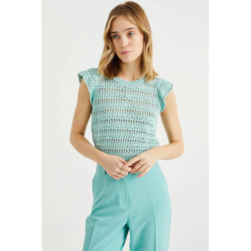 WE Fashion gebreide top met ruches mintgroen