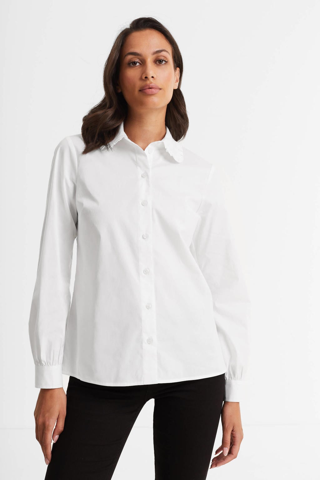 Witte dames Anytime blouse pan kraag van katoen met effen, lange mouwen en knoopsluiting