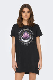 thumbnail: Zwarte dames ONLY T-shirtjurk van katoen met effen, korte mouwen en ronde hals