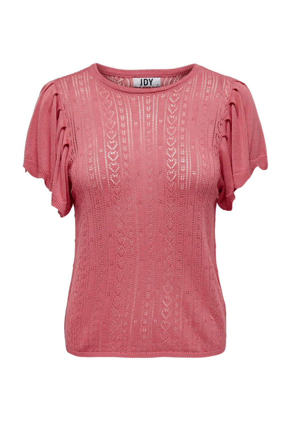 Roze dames JDY top van acryl met korte mouwen, ronde hals en open breisel