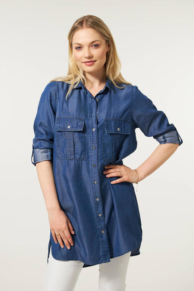 een paar prachtig Niet ingewikkeld Miss Etam denim blouse Britt medium blue | wehkamp