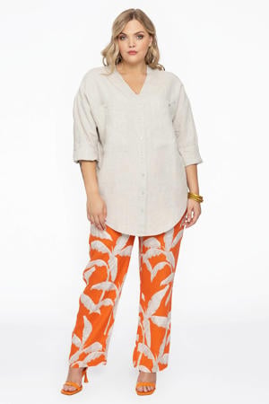 straight fit broek met linnen en all over print oranje/zand
