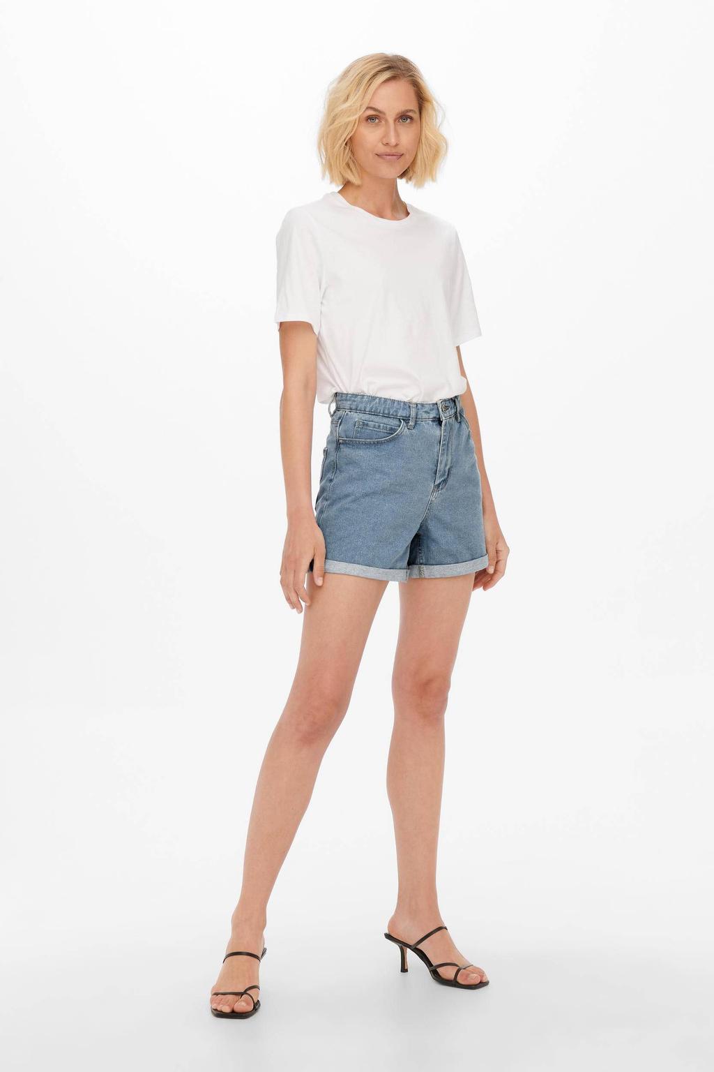Lichtblauwe dames ONLY high waist mom short van katoen met rits- en knoopsluiting en effen