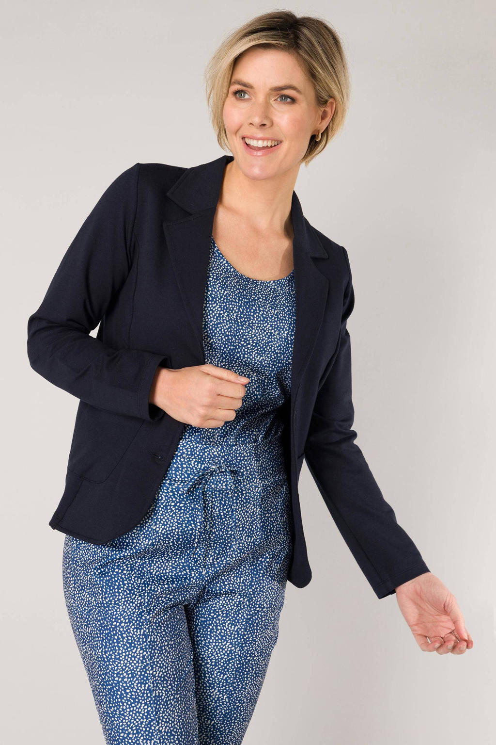 Donkerblauwe dames ES&SY aansluitende jersey blazer van katoen met effen, lange mouwen, V-hals en knoopsluiting