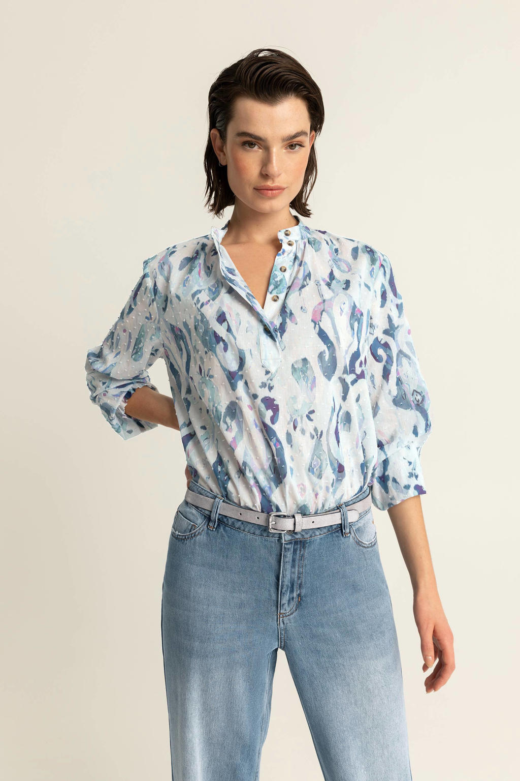 Blauw en witte dames Expresso top en textuur met all over print, lange mouwen, mao kraag en knoopsluiting